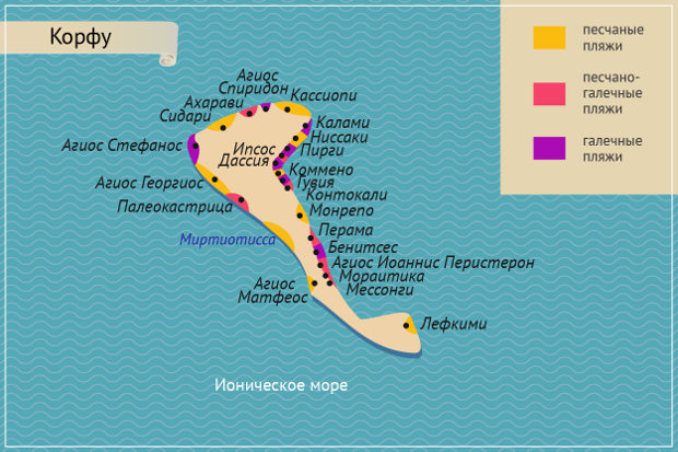 Пляжи Корфу на карте