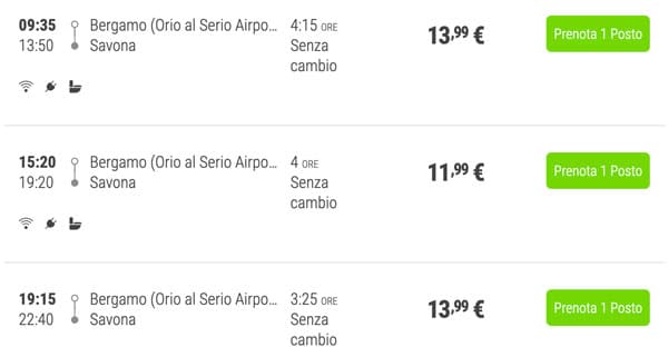 Расписание автобусов из аэропорта Бергамо до Савоны и цены билетов