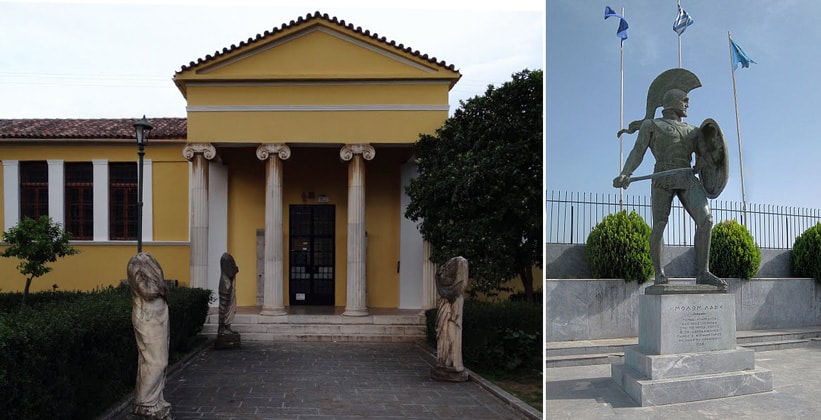 Археологический музей и статуя царя Леонида в Спарте Археологический музей и статуя царя Леонида в Спарте