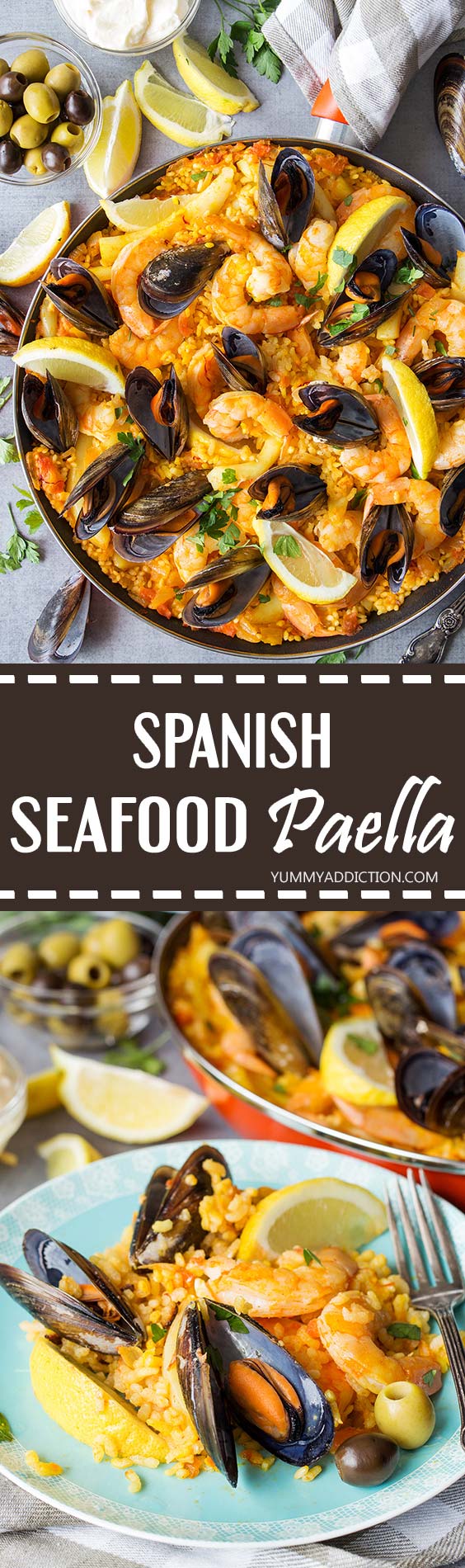 This Spanish Seafood Paella features a crusty saffron and veggie infused layer of rice topped with squid, mussels, and shrimp. The best seafood dish ever! 